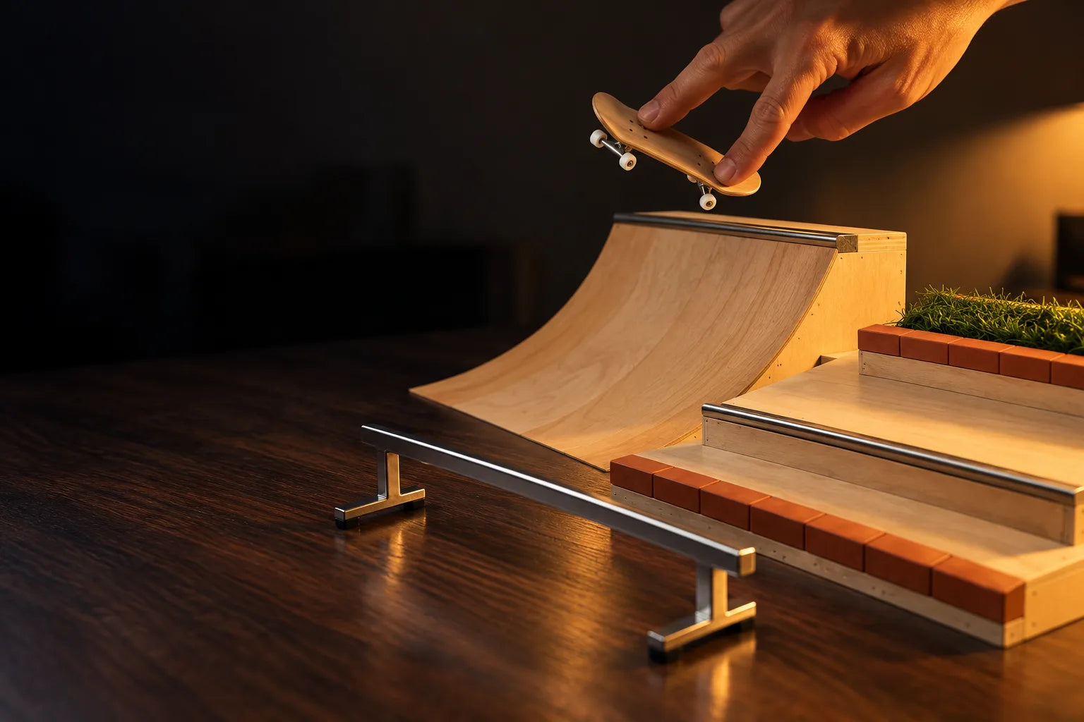 Hand flipping a maple fingerboard over a wooden quarter pipe in a desk skatepark