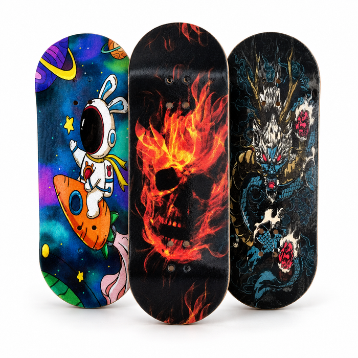34mm graphic fingerboard decks, astronaut, fire skull and dragon designs