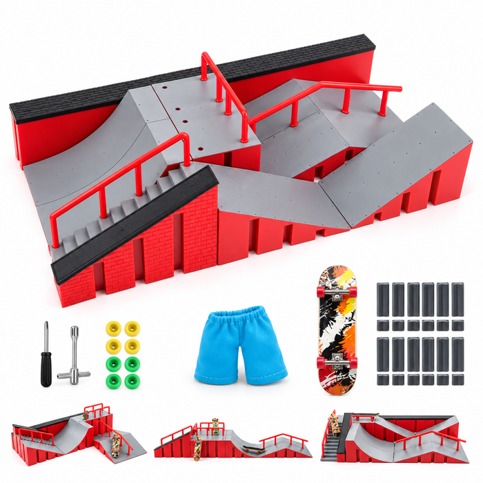 Fingerboard ramp set, full park layout with tools, wheels and mini fingerboard