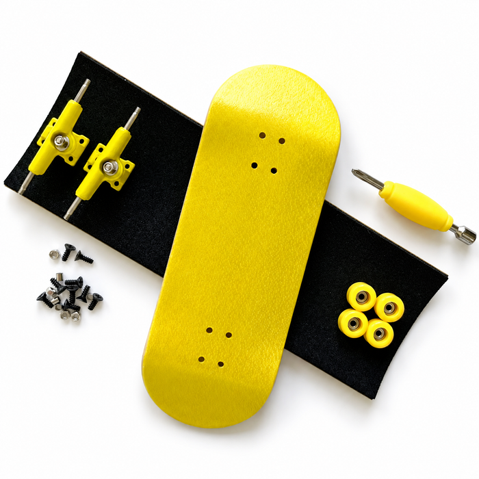 34mm maple fingerboard complete in yellow with trucks, wheels, grip tape and tool