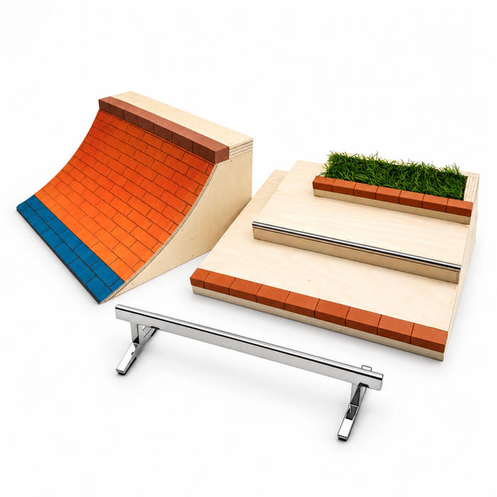 Fingerboard Desk Park Set: wooden stairs, brick quarter pipe and metal rail