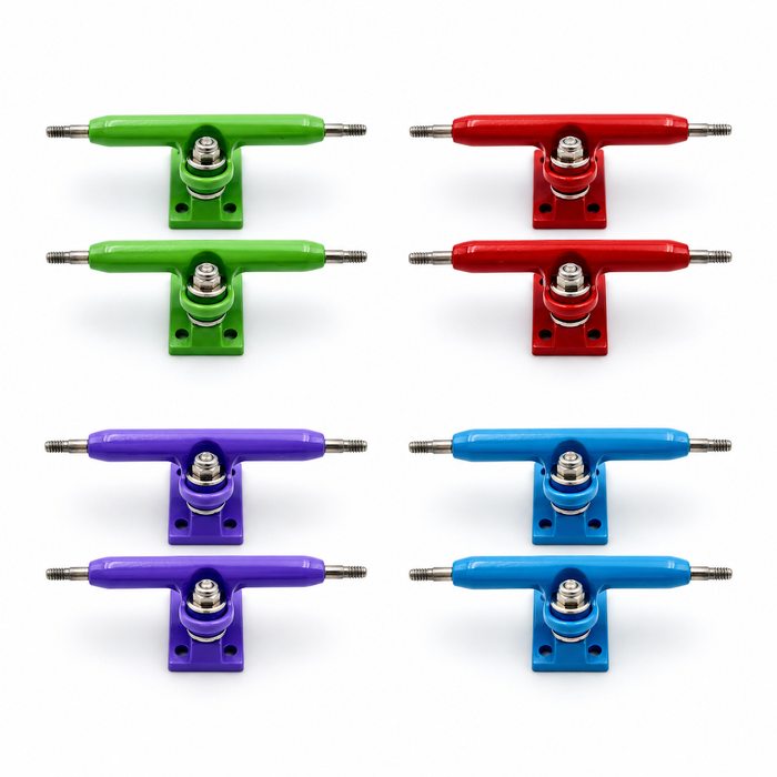 34mm single-axle fingerboard trucks in green, red, purple and light blue