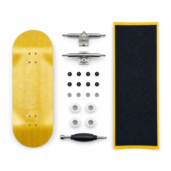 36mm Pro Fingerboard Complete, yellow deck, with trucks, wheels, hardware, grip tape and tool