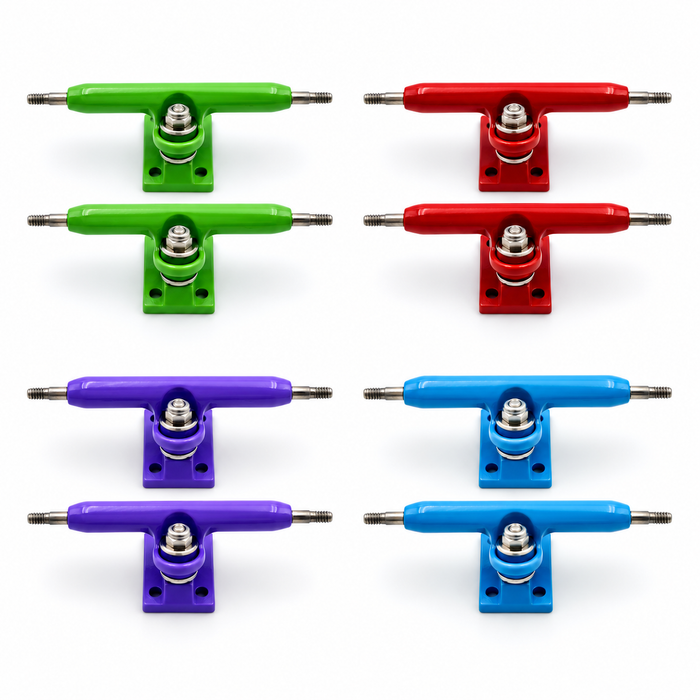 34mm single-axle fingerboard trucks in green, red, purple and light blue