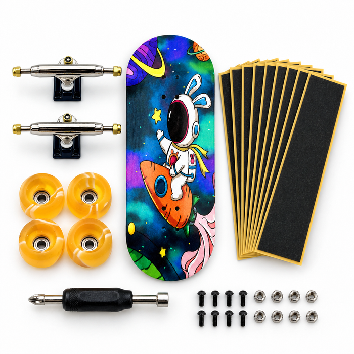 Pro Fingerboard Build Kit: 34mm graphic deck, V3 pro trucks, shaped wheels, grip tape, tool and hardware